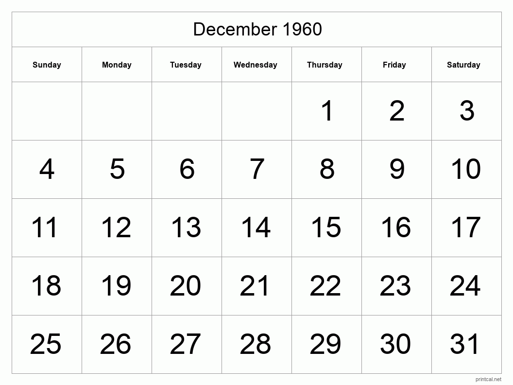 December 1960 Printable Calendar - Big Dates