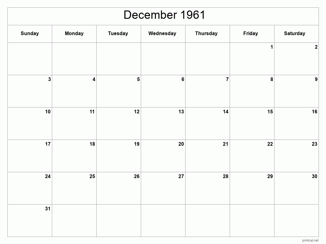 December 1961 Printable Calendar - Classic Blank Sheet