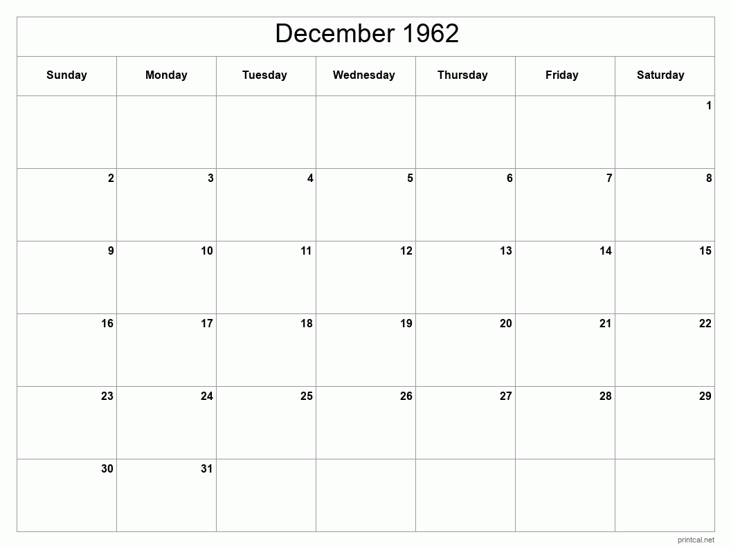 December 1962 Printable Calendar - Classic Blank Sheet