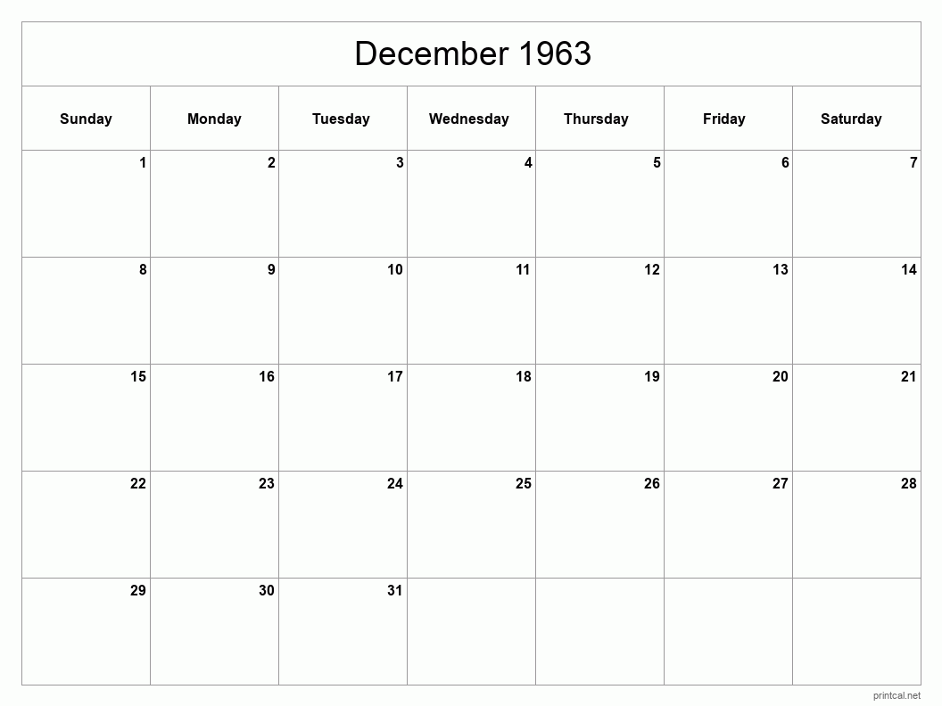 December 1963 Printable Calendar - Classic Blank Sheet