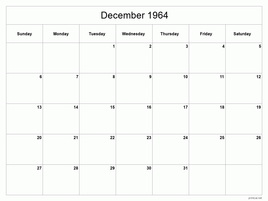 December 1964 Printable Calendar - Classic Blank Sheet