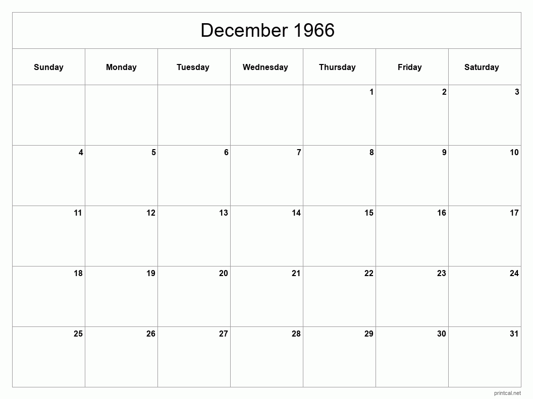 December 1966 Printable Calendar - Classic Blank Sheet