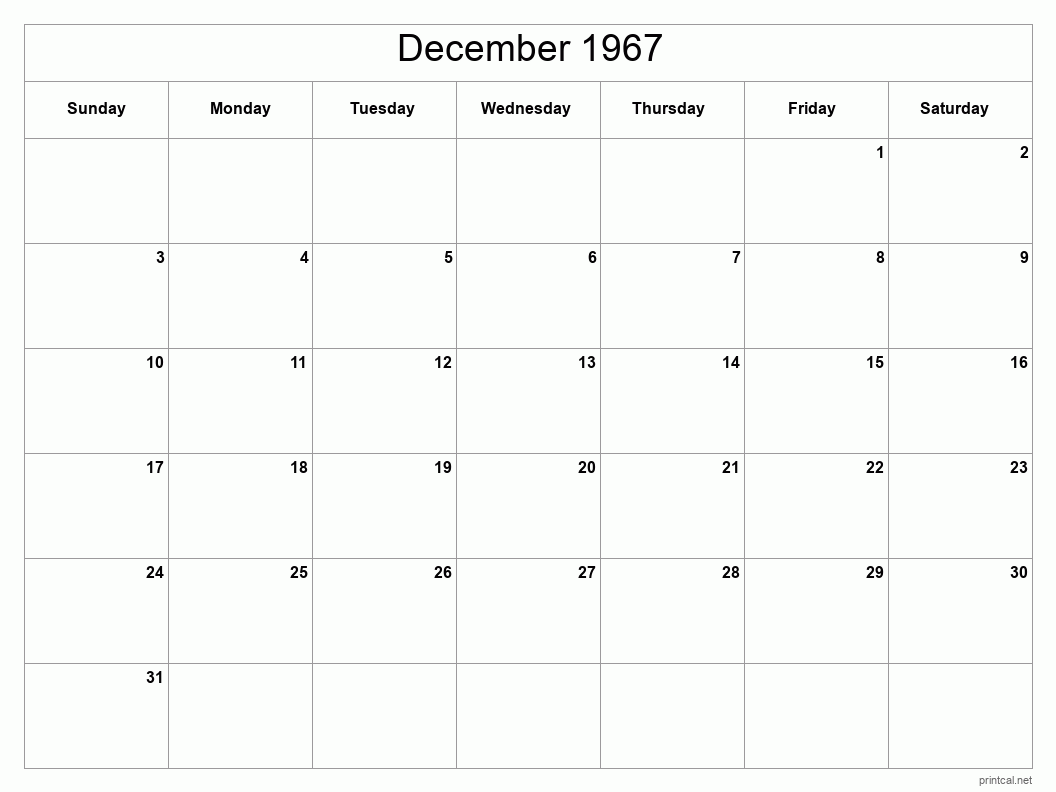 December 1967 Printable Calendar - Classic Blank Sheet