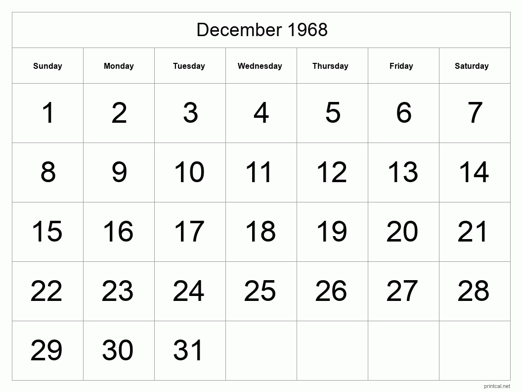 December 1968 Printable Calendar - Big Dates