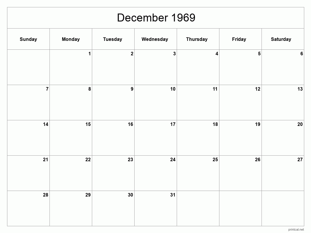 December 1969 Printable Calendar - Classic Blank Sheet