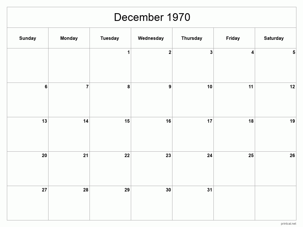 December 1970 Printable Calendar - Classic Blank Sheet