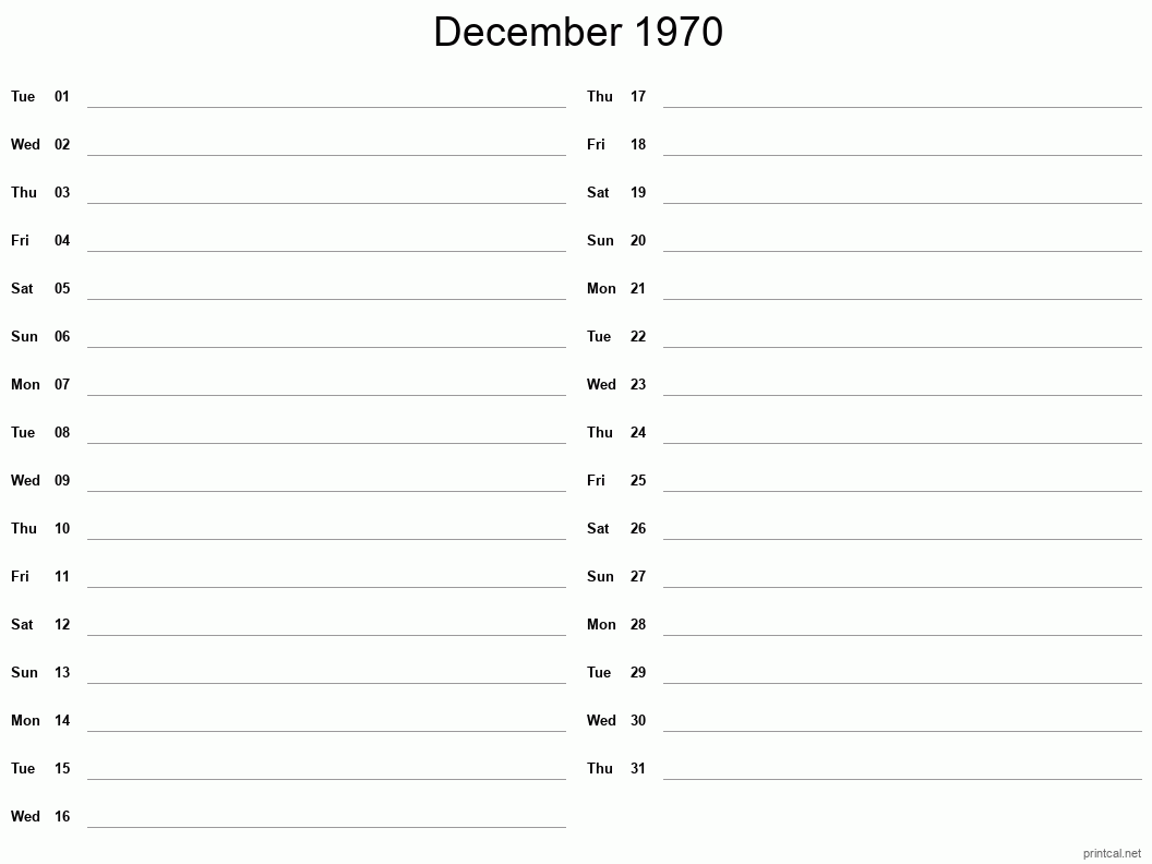 December 1970 Printable Calendar - Two Column Notesheet