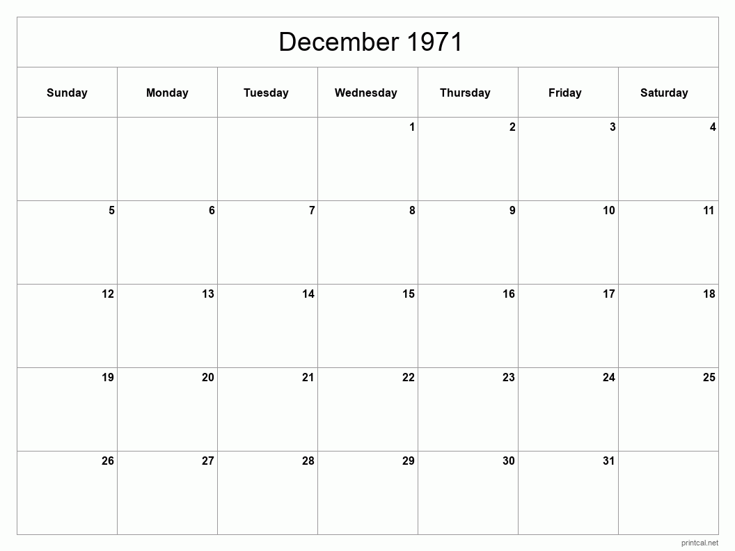 December 1971 Printable Calendar - Classic Blank Sheet