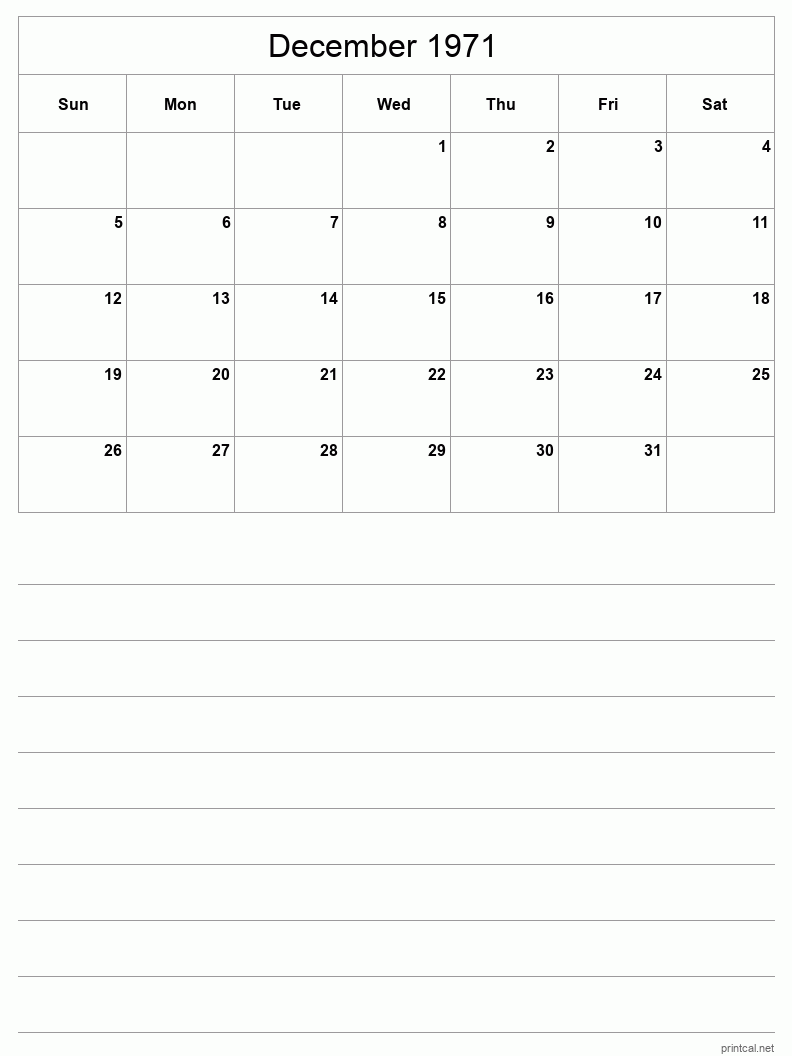 December 1971 Printable Calendar - Half-Page With Notesheet