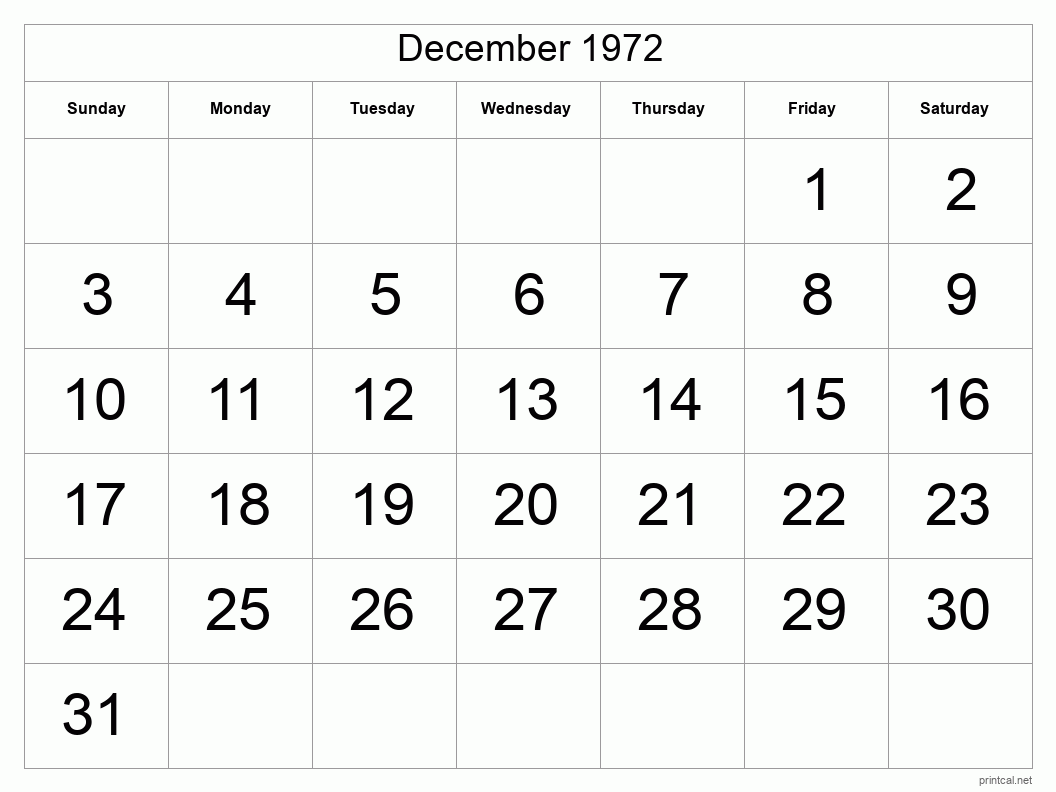 December 1972 Printable Calendar - Big Dates