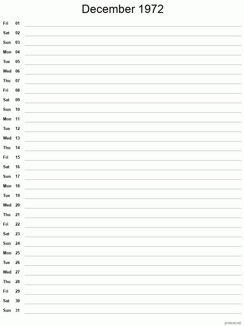 December 1972 Printable Calendar - Single Column Notesheet