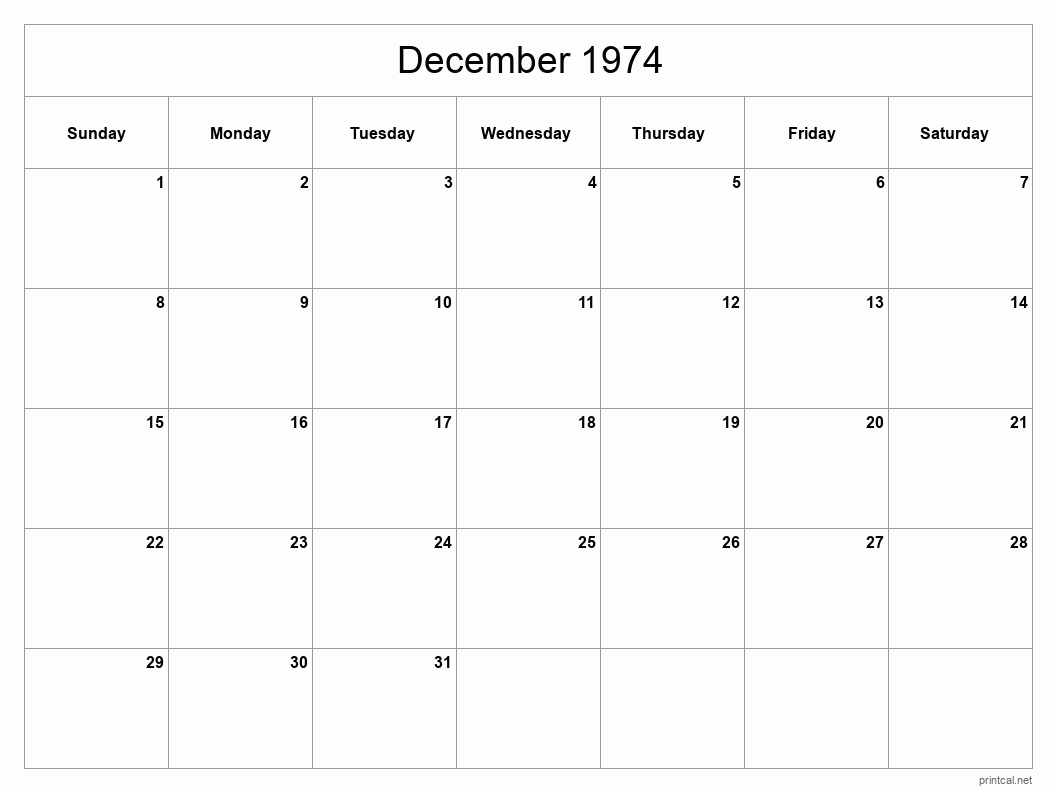 December 1974 Printable Calendar - Classic Blank Sheet