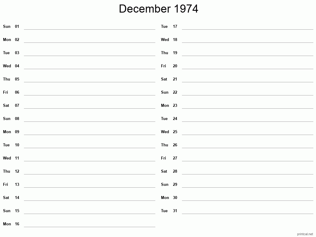 December 1974 Printable Calendar - Two Column Notesheet