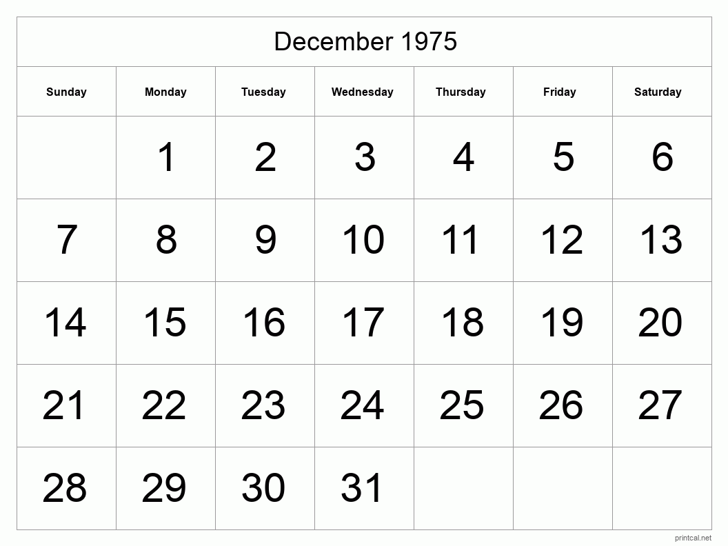 December 1975 Printable Calendar - Big Dates