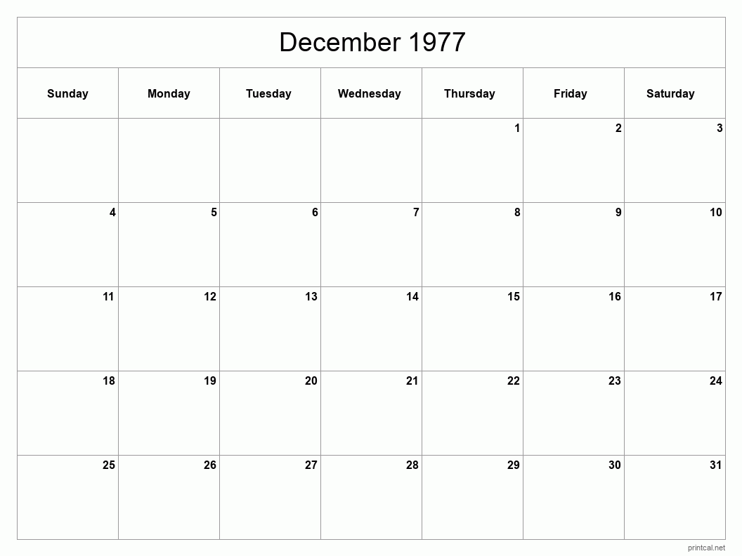 December 1977 Printable Calendar - Classic Blank Sheet