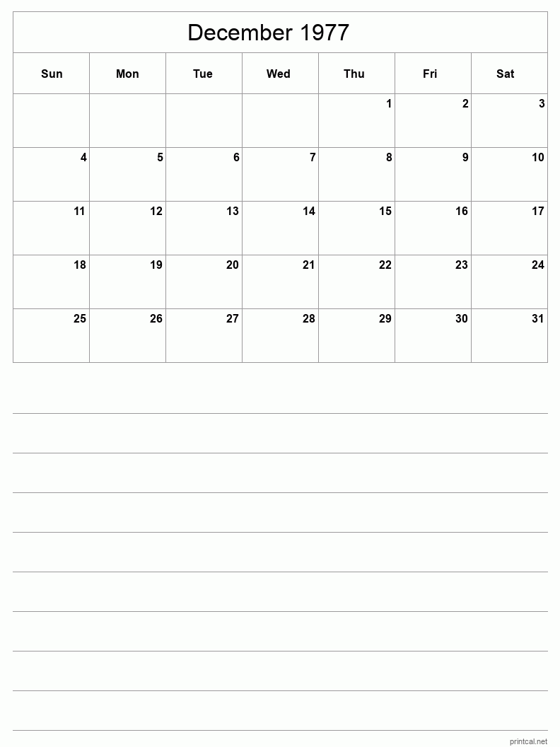 December 1977 Printable Calendar - Half-Page With Notesheet