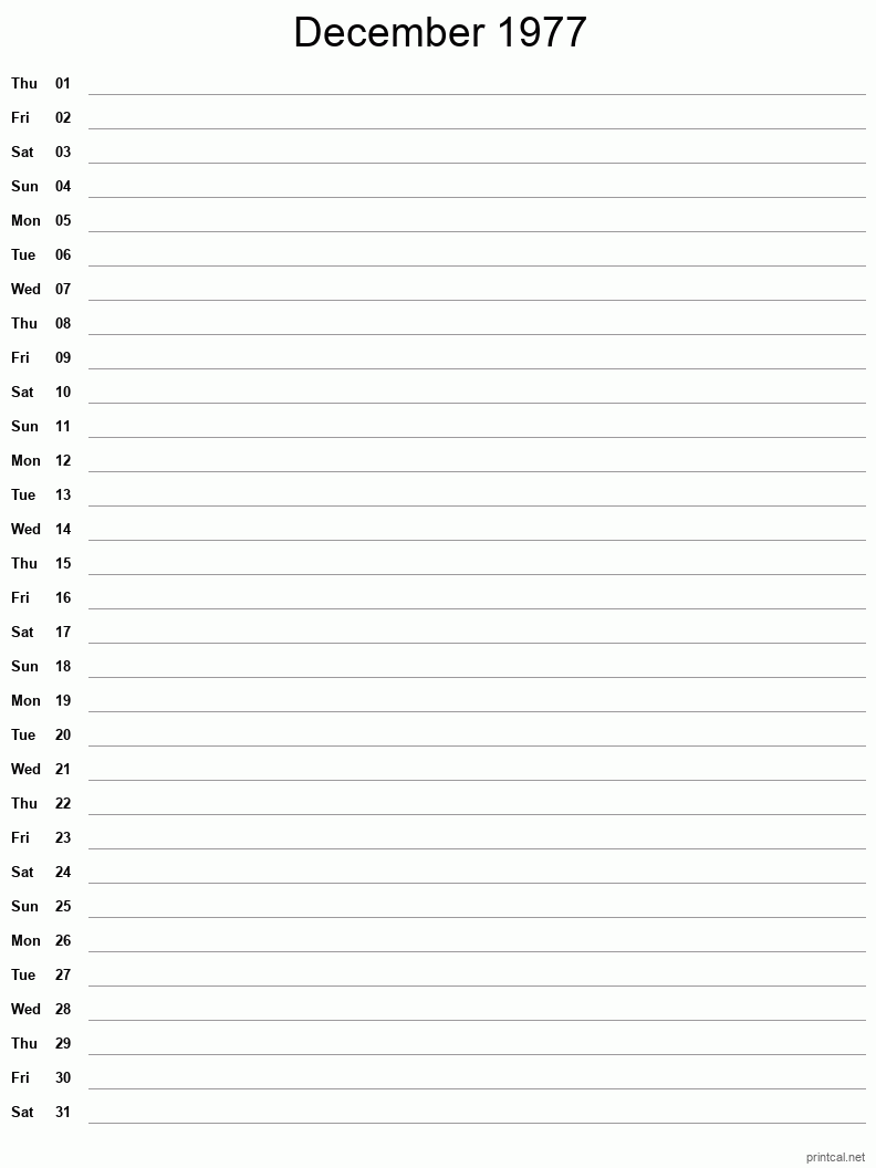 December 1977 Printable Calendar - Single Column Notesheet