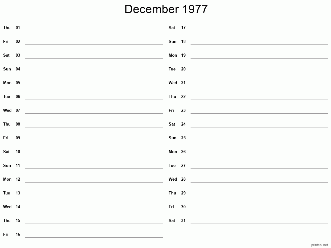 December 1977 Printable Calendar - Two Column Notesheet