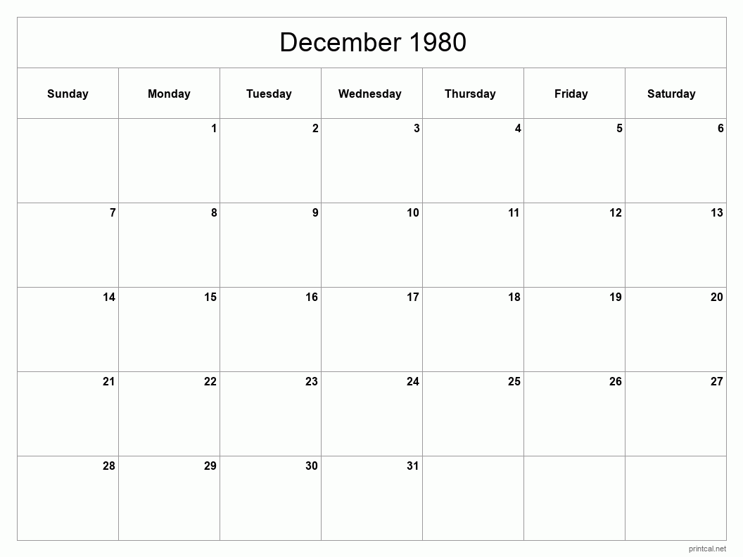 December 1980 Printable Calendar - Classic Blank Sheet