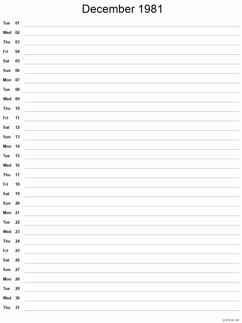 December 1981 Printable Calendar - Single Column Notesheet