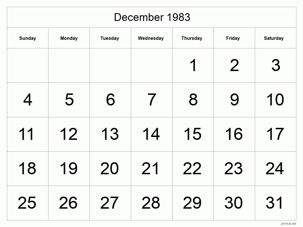 December 1983 Printable Calendar - Big Dates