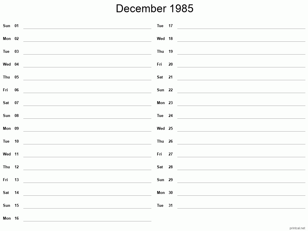 December 1985 Printable Calendar - Two Column Notesheet