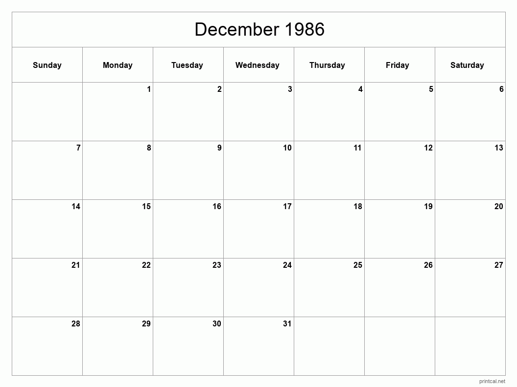 December 1986 Printable Calendar - Classic Blank Sheet