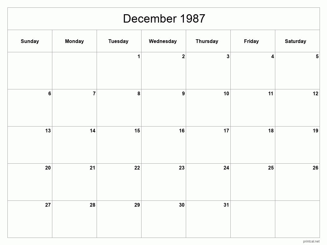 December 1987 Printable Calendar - Classic Blank Sheet