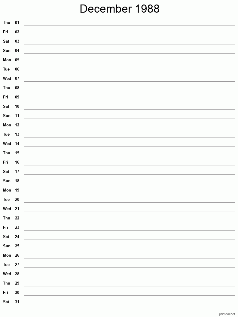 December 1988 Printable Calendar - Single Column Notesheet