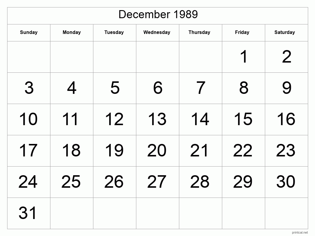 December 1989 Printable Calendar - Big Dates