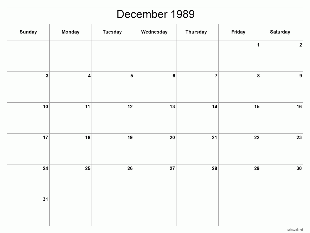 December 1989 Printable Calendar - Classic Blank Sheet