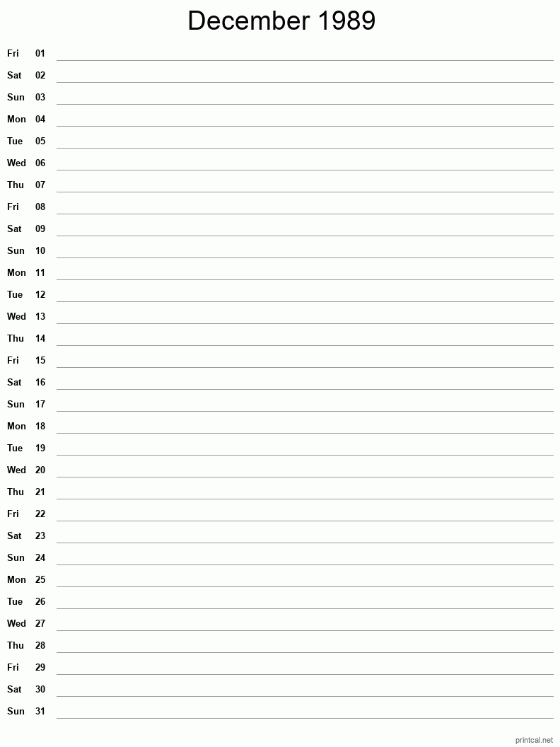 December 1989 Printable Calendar - Single Column Notesheet