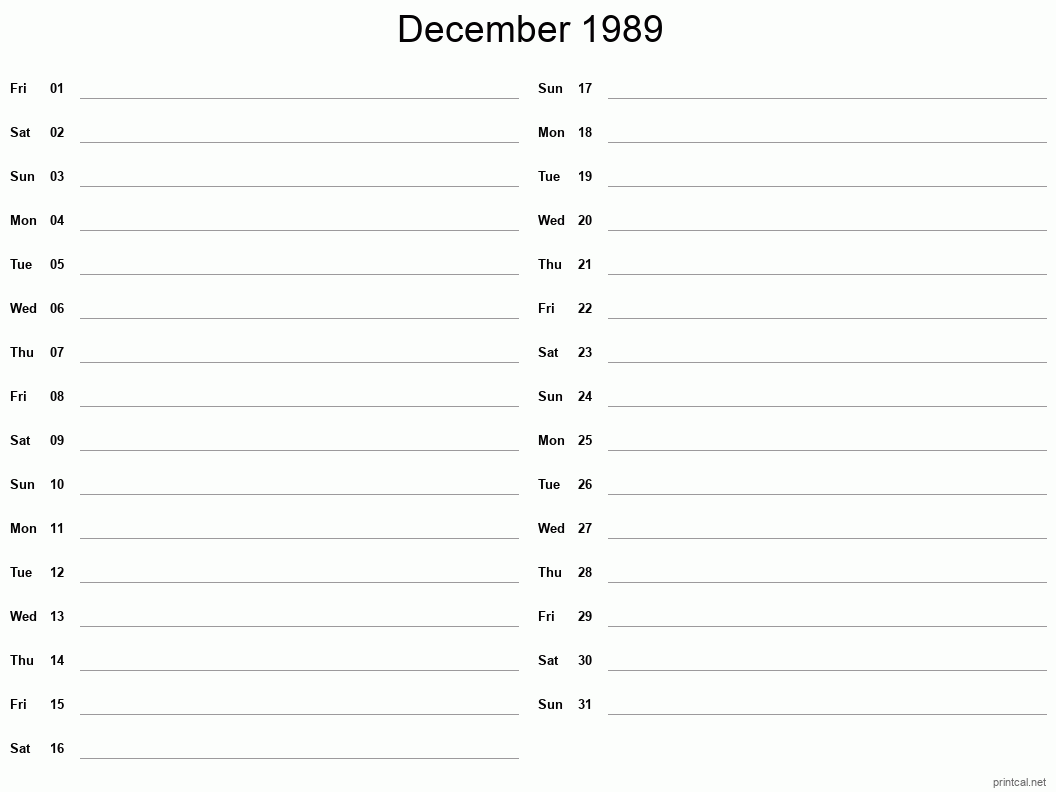 December 1989 Printable Calendar - Two Column Notesheet