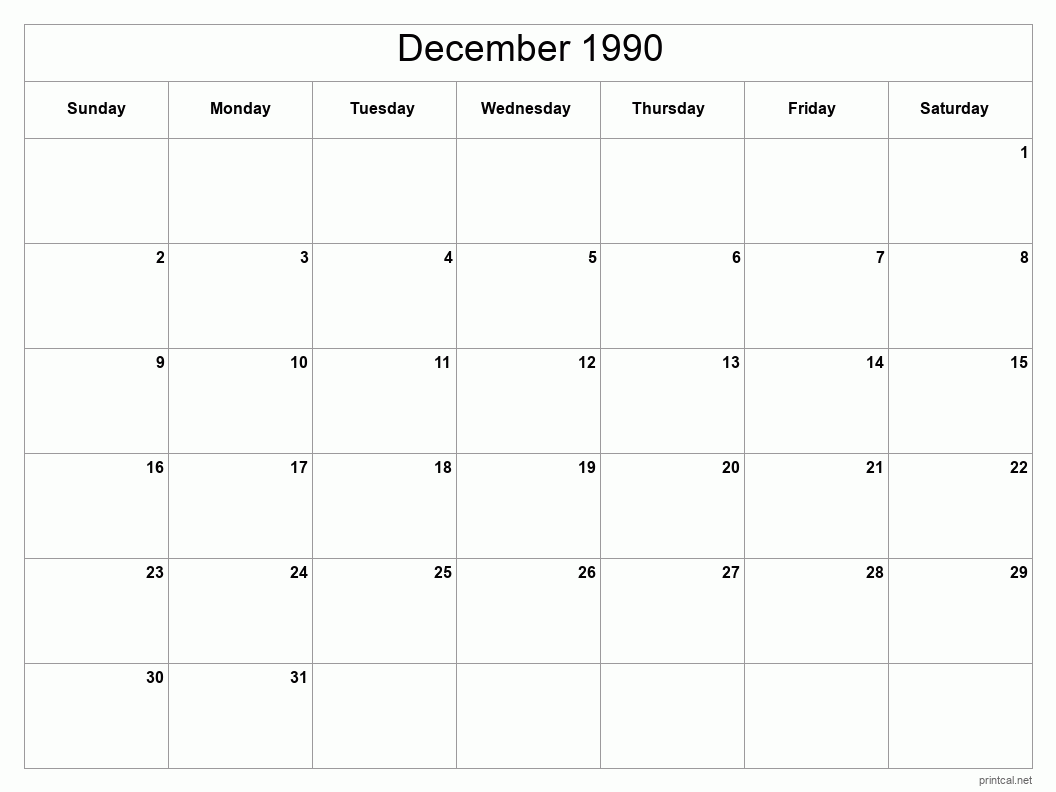 December 1990 Printable Calendar - Classic Blank Sheet