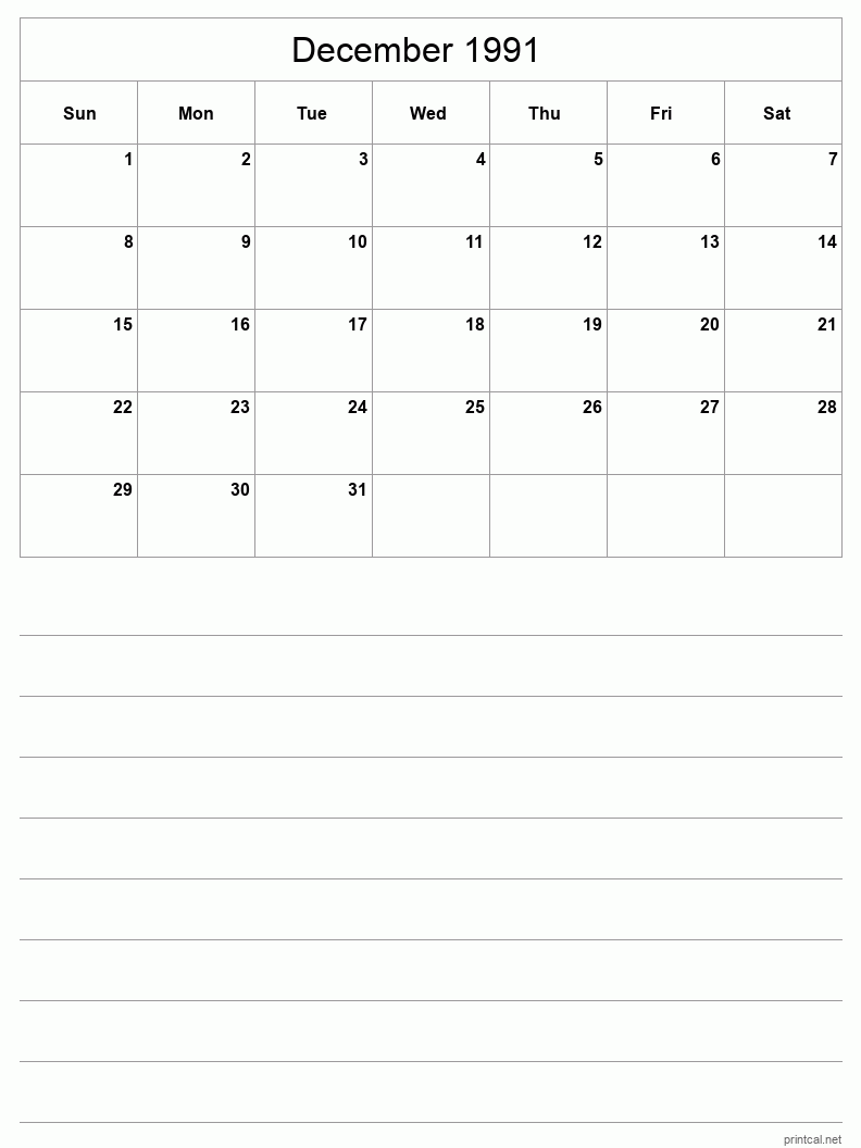 December 1991 Printable Calendar - Half-Page With Notesheet