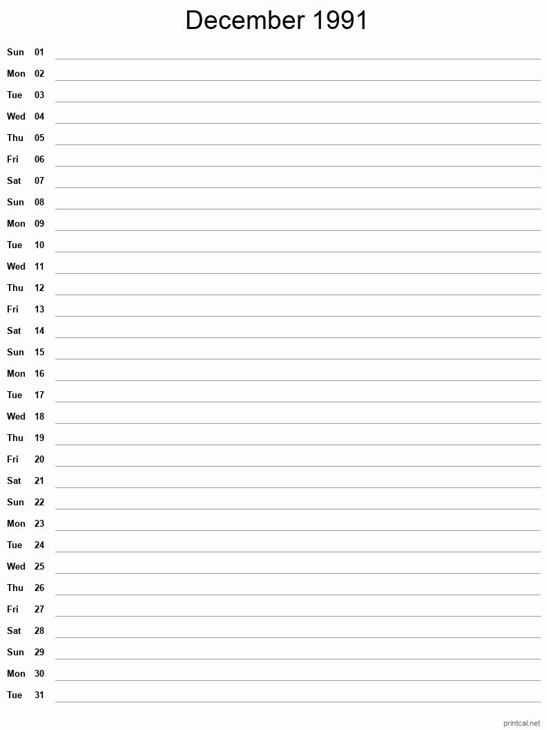 December 1991 Printable Calendar - Single Column Notesheet