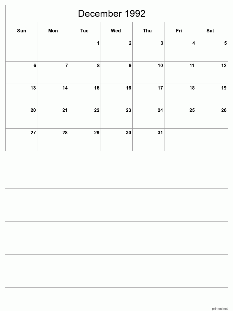 December 1992 Printable Calendar - Half-Page With Notesheet