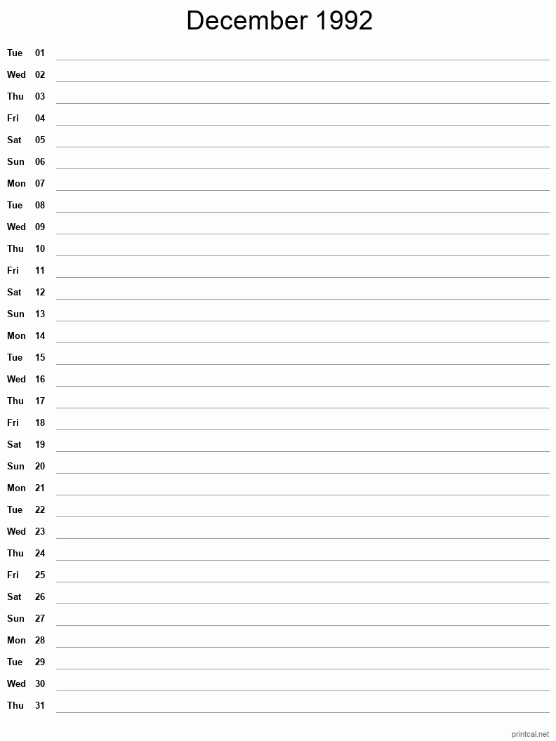 December 1992 Printable Calendar - Single Column Notesheet