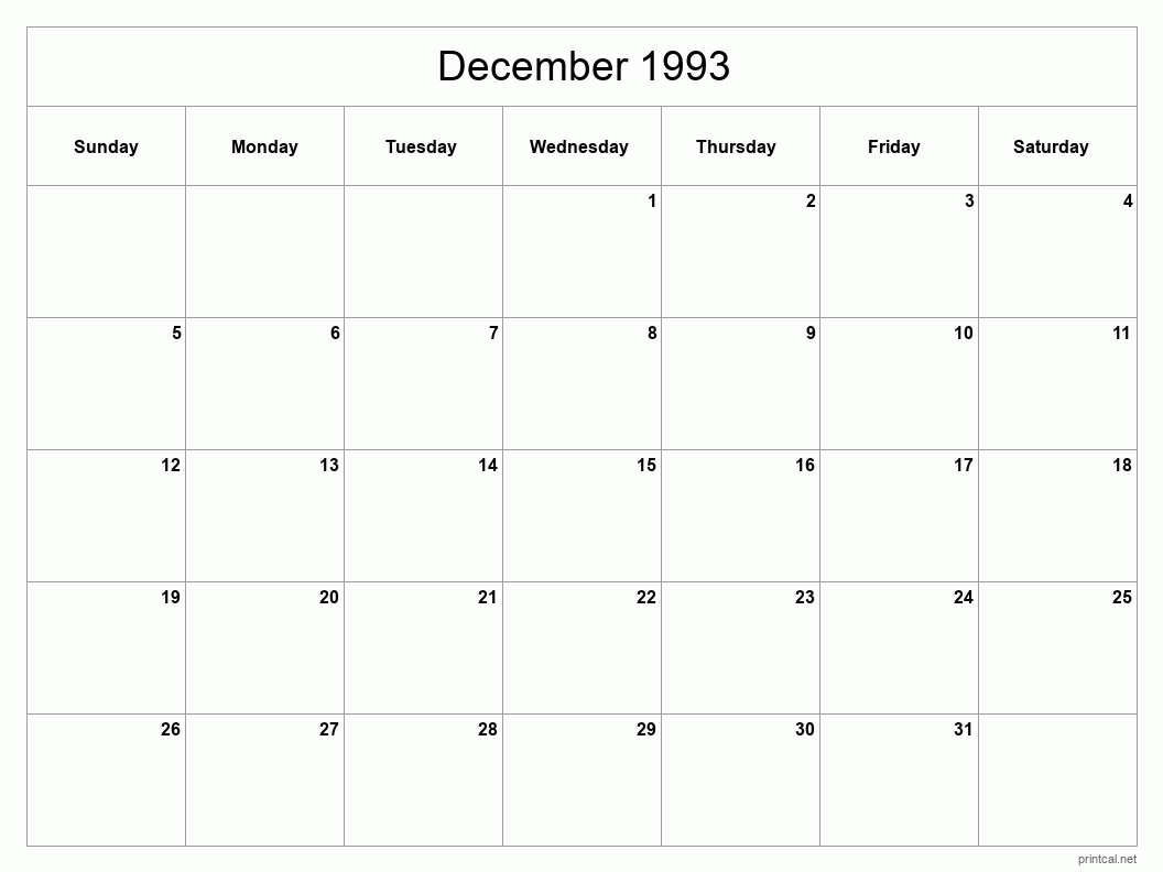 December 1993 Printable Calendar - Classic Blank Sheet