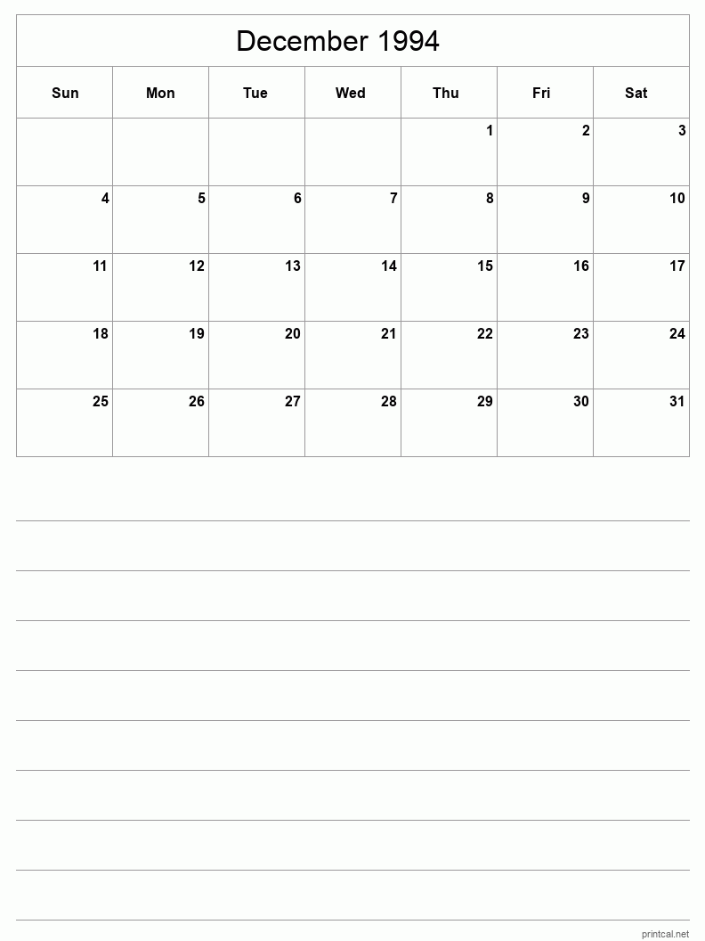 December 1994 Printable Calendar - Half-Page With Notesheet