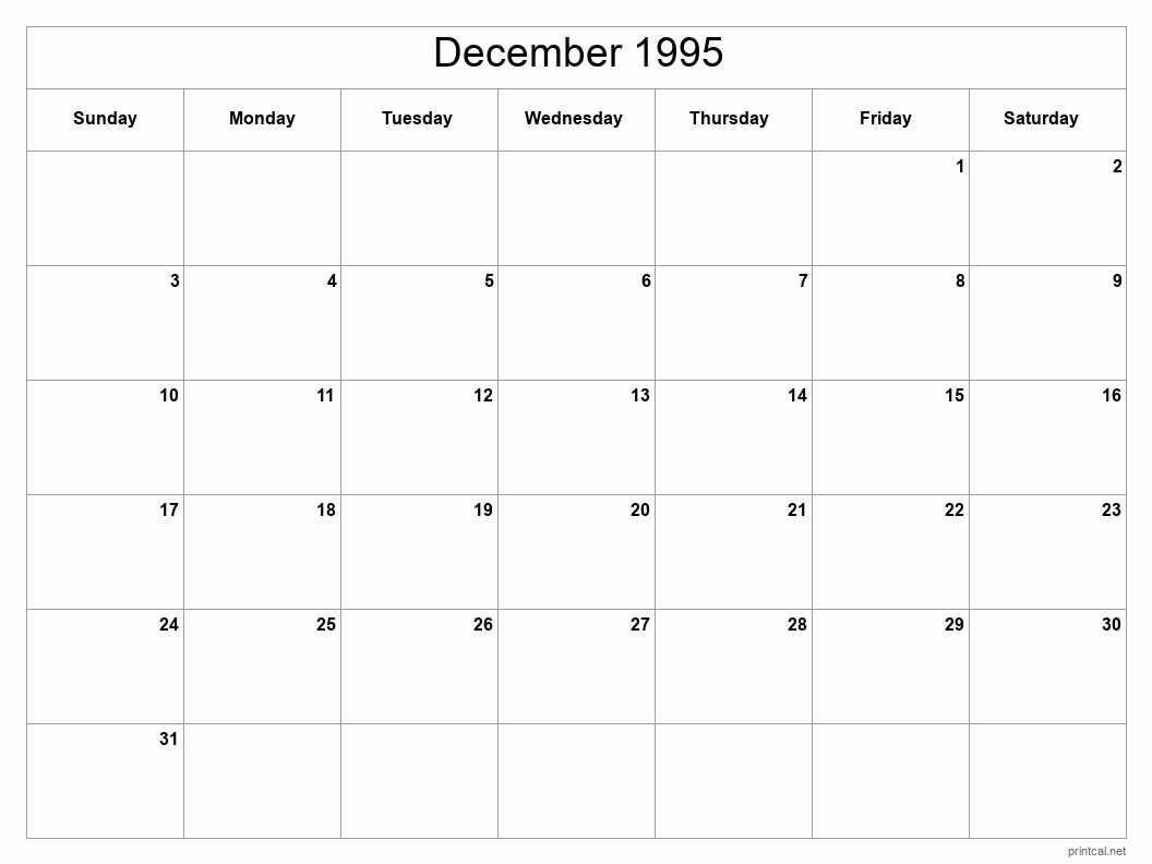 December 1995 Printable Calendar - Classic Blank Sheet