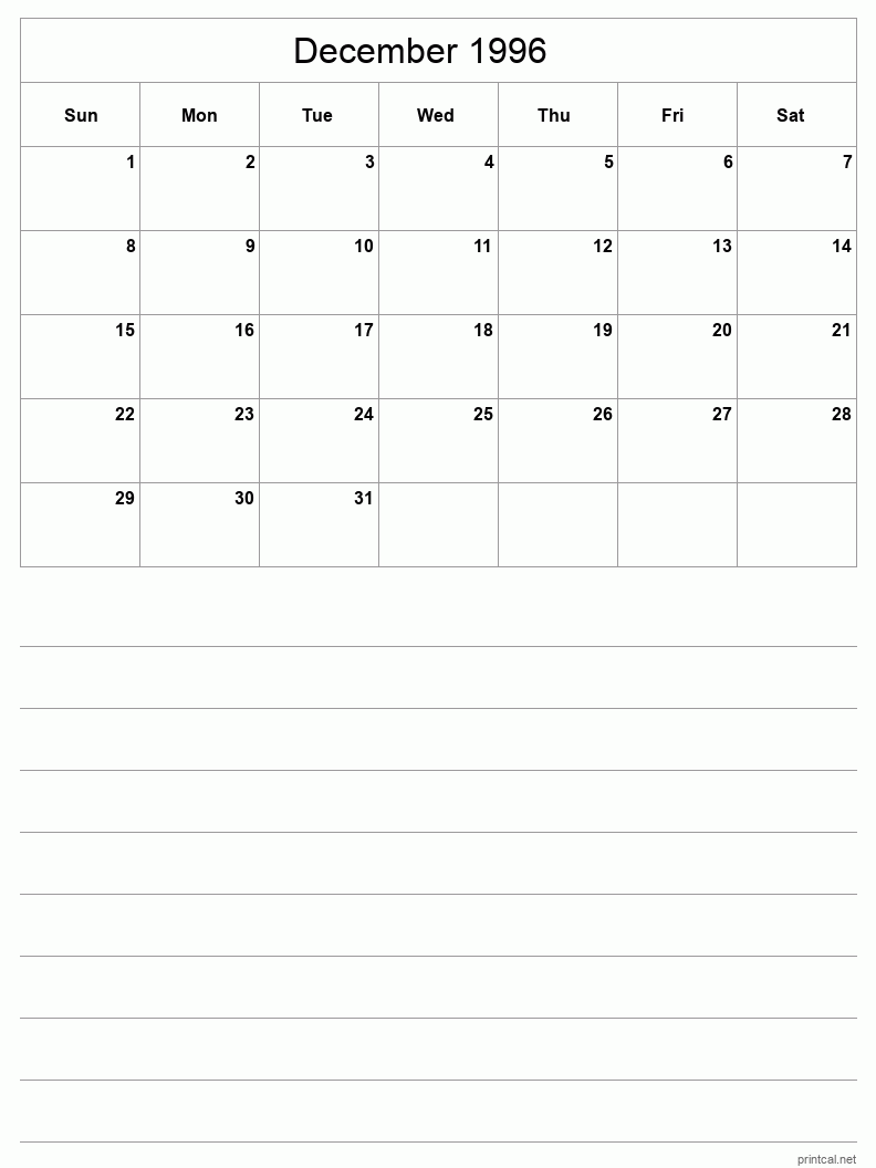 December 1996 Printable Calendar - Half-Page With Notesheet