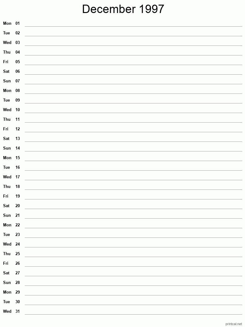 December 1997 Printable Calendar - Single Column Notesheet