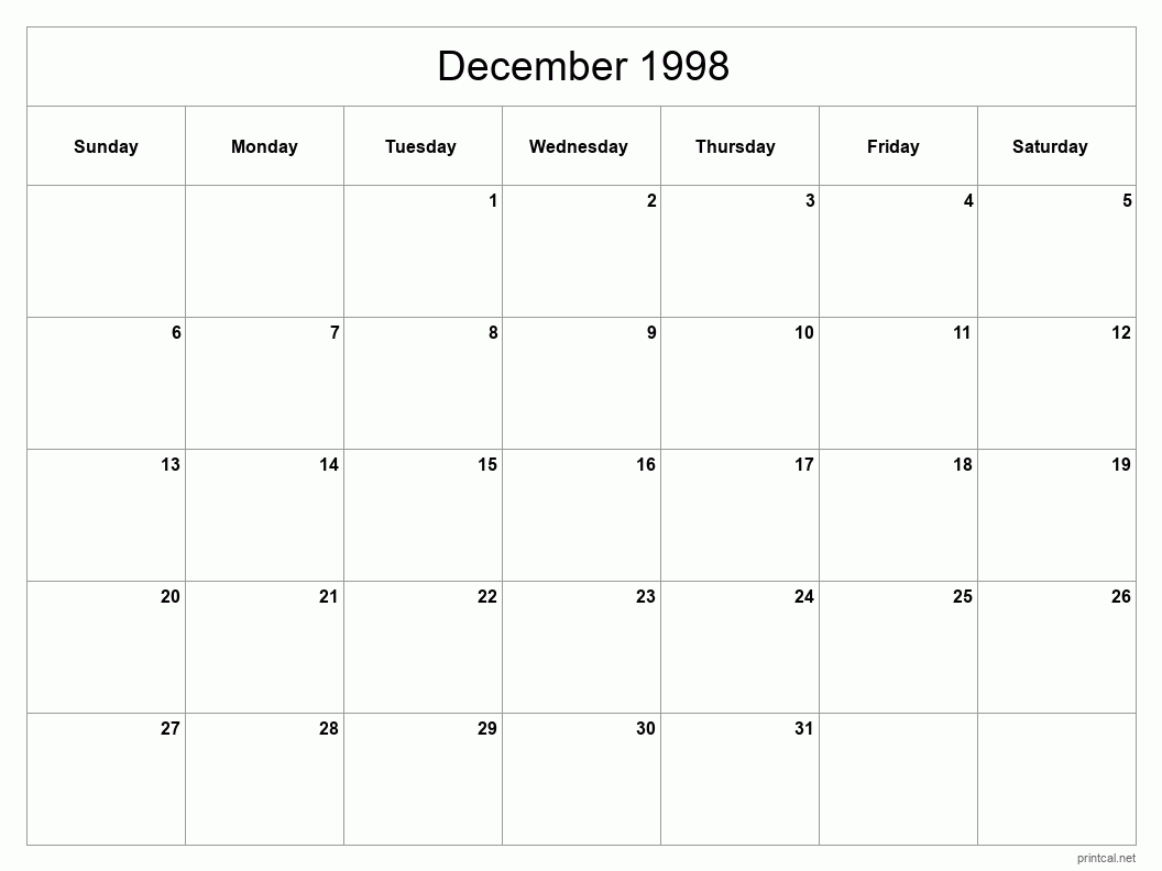 December 1998 Printable Calendar - Classic Blank Sheet