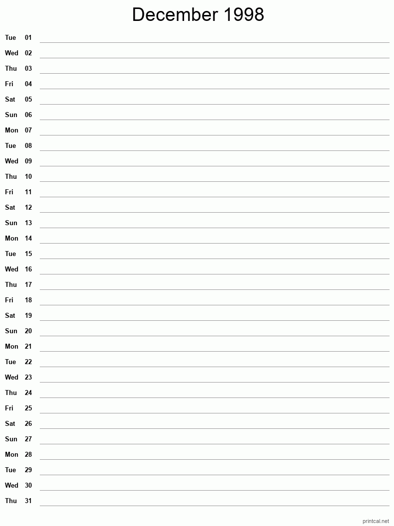 December 1998 Printable Calendar - Single Column Notesheet