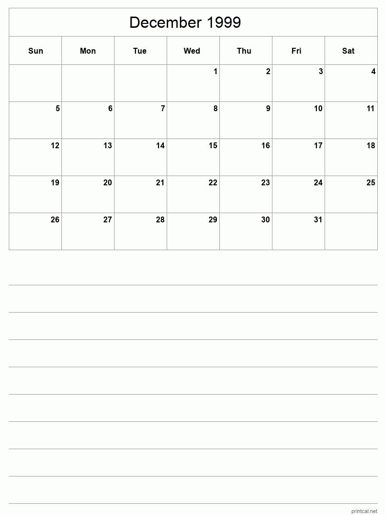 December 1999 Printable Calendar - Half-Page With Notesheet