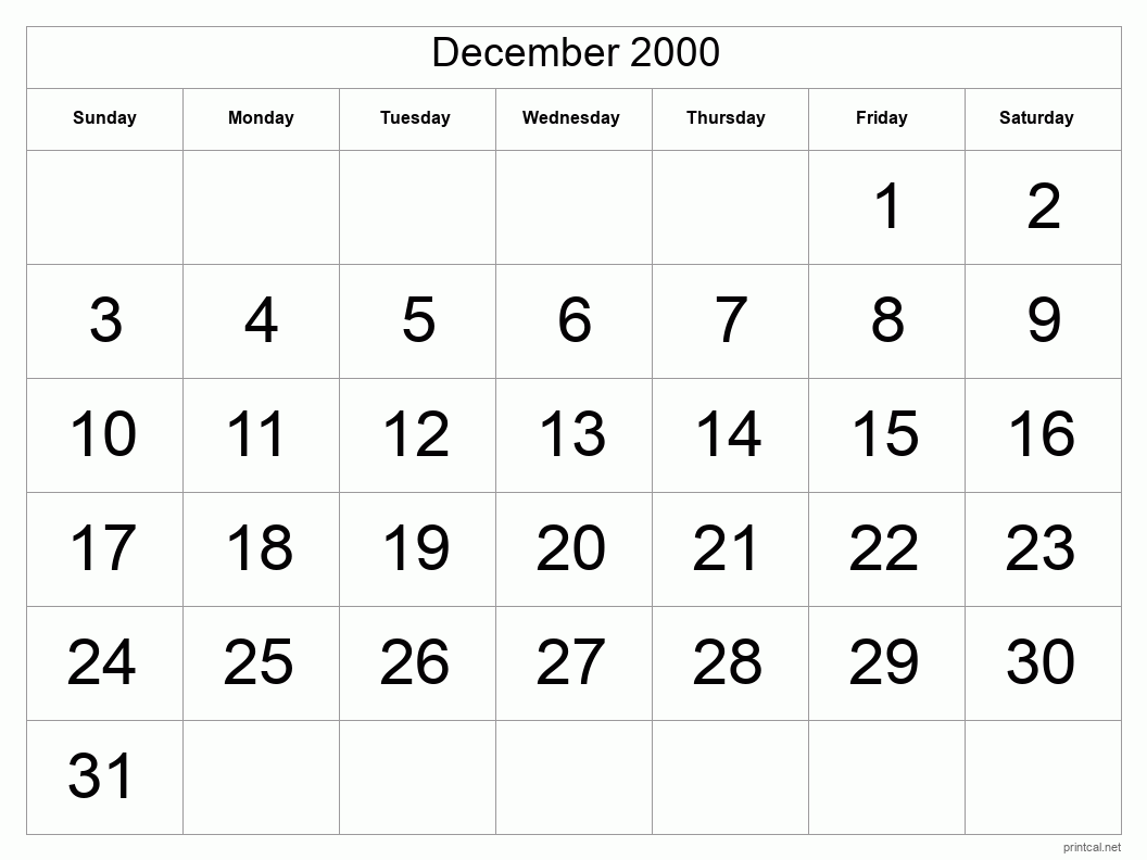 December 2000 Printable Calendar - Big Dates