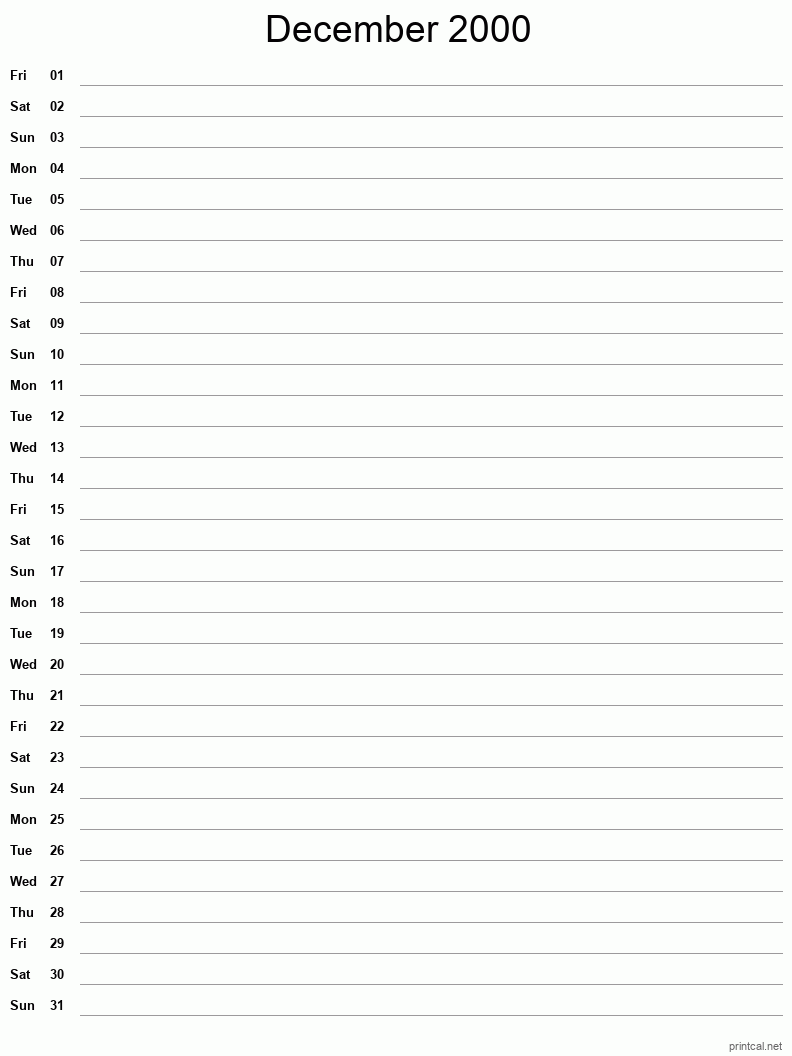 December 2000 Printable Calendar - Single Column Notesheet