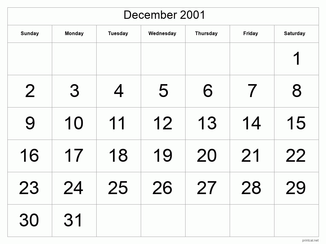 December 2001 Printable Calendar - Big Dates