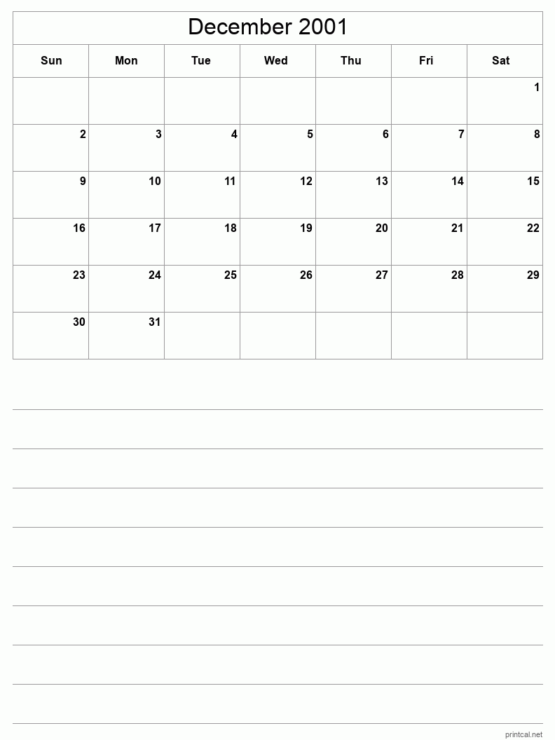 December 2001 Printable Calendar - Half-Page With Notesheet